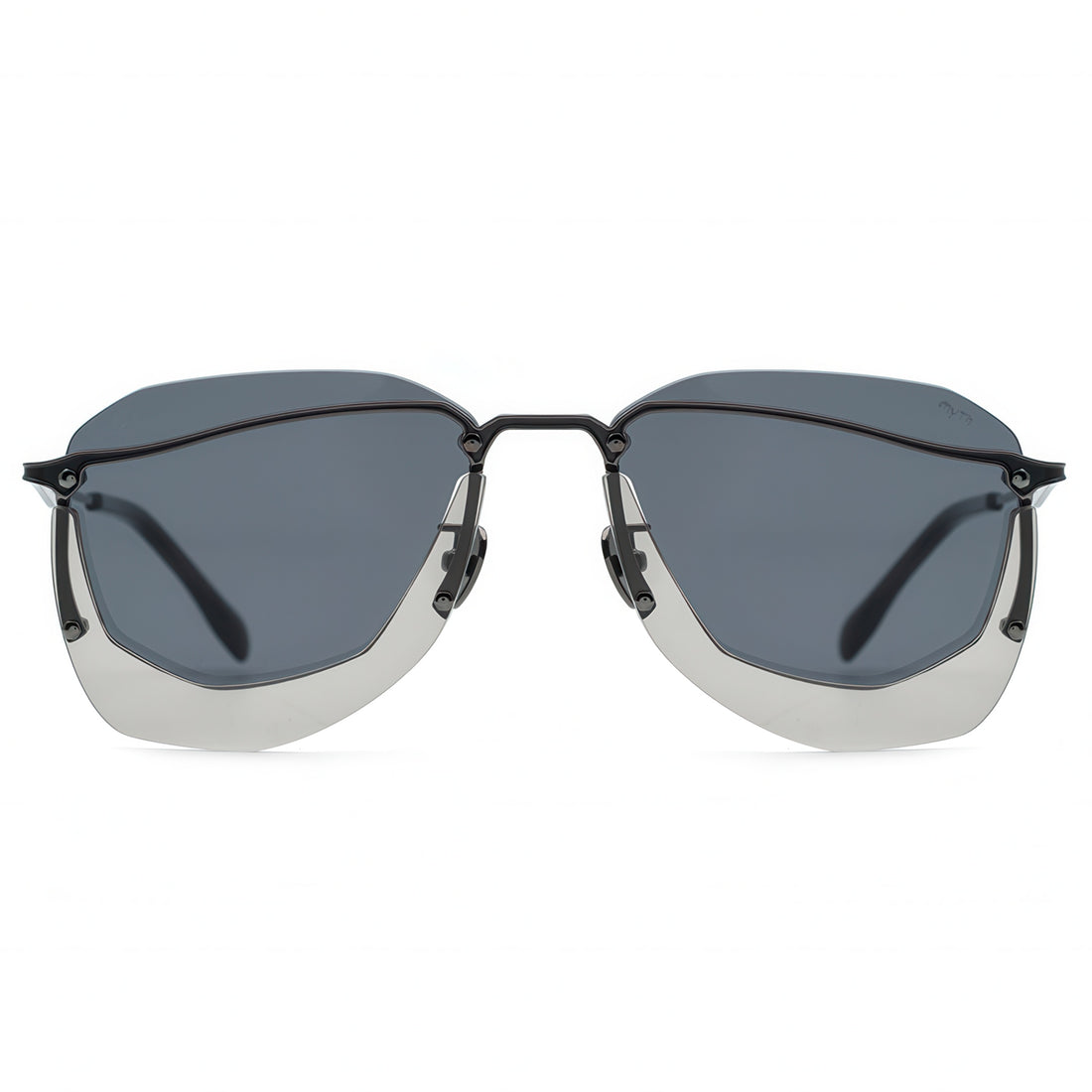Sunglasses with a black frame and gray lenses on a white background