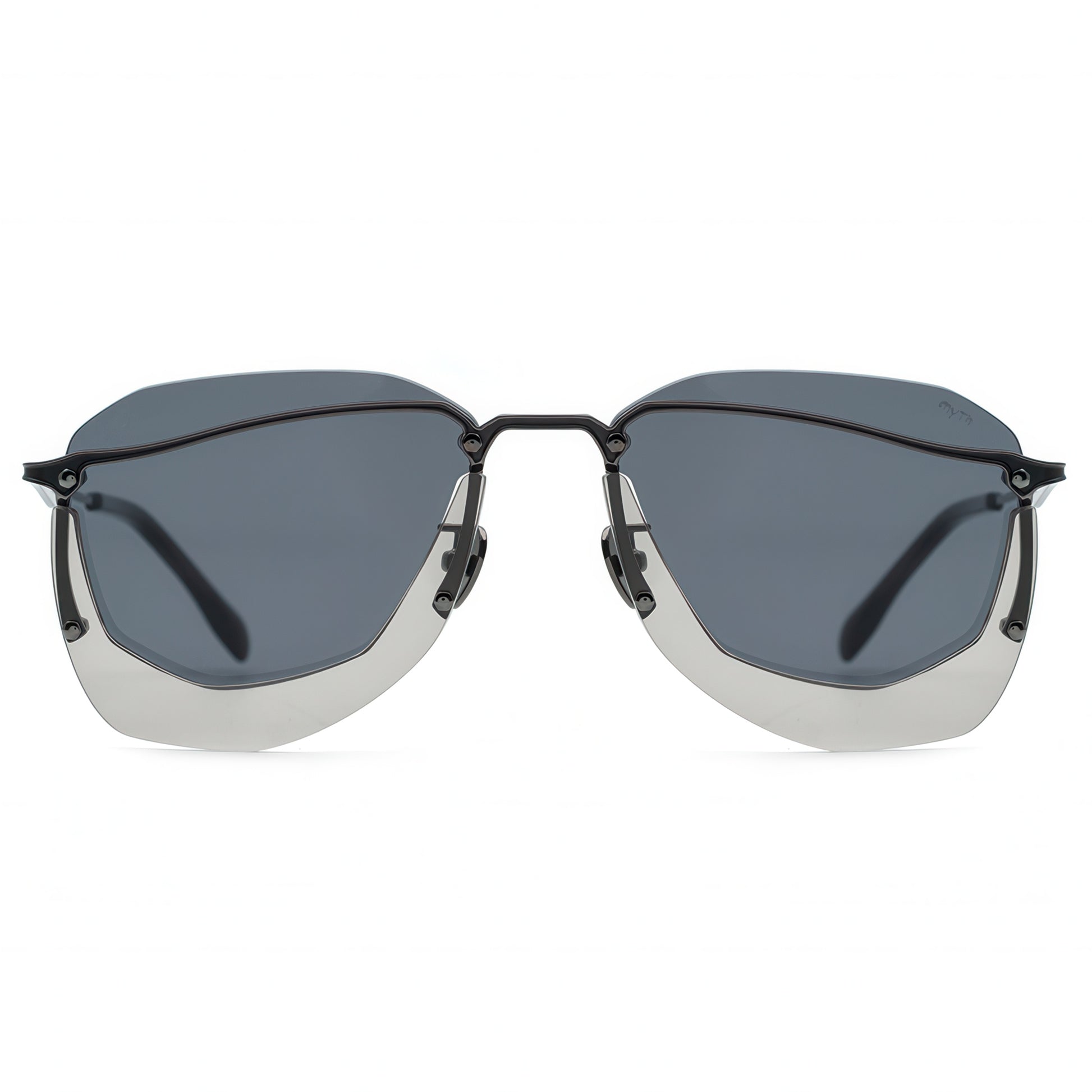 Sunglasses with a black frame and gray lenses on a white background