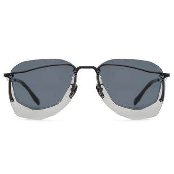 Sunglasses with a black frame and gray lenses on a white background