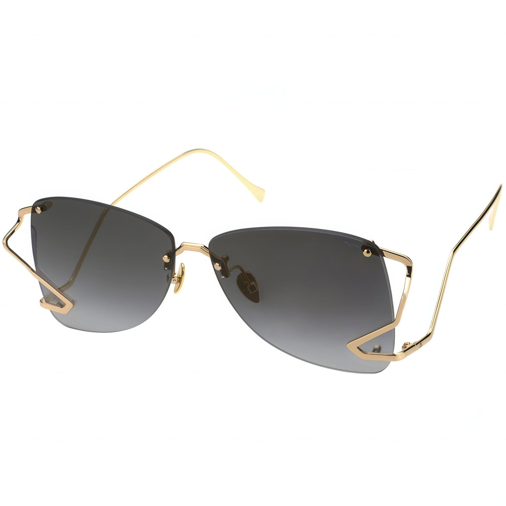 Sunglasses with gold frame and gradient lenses on a white background
