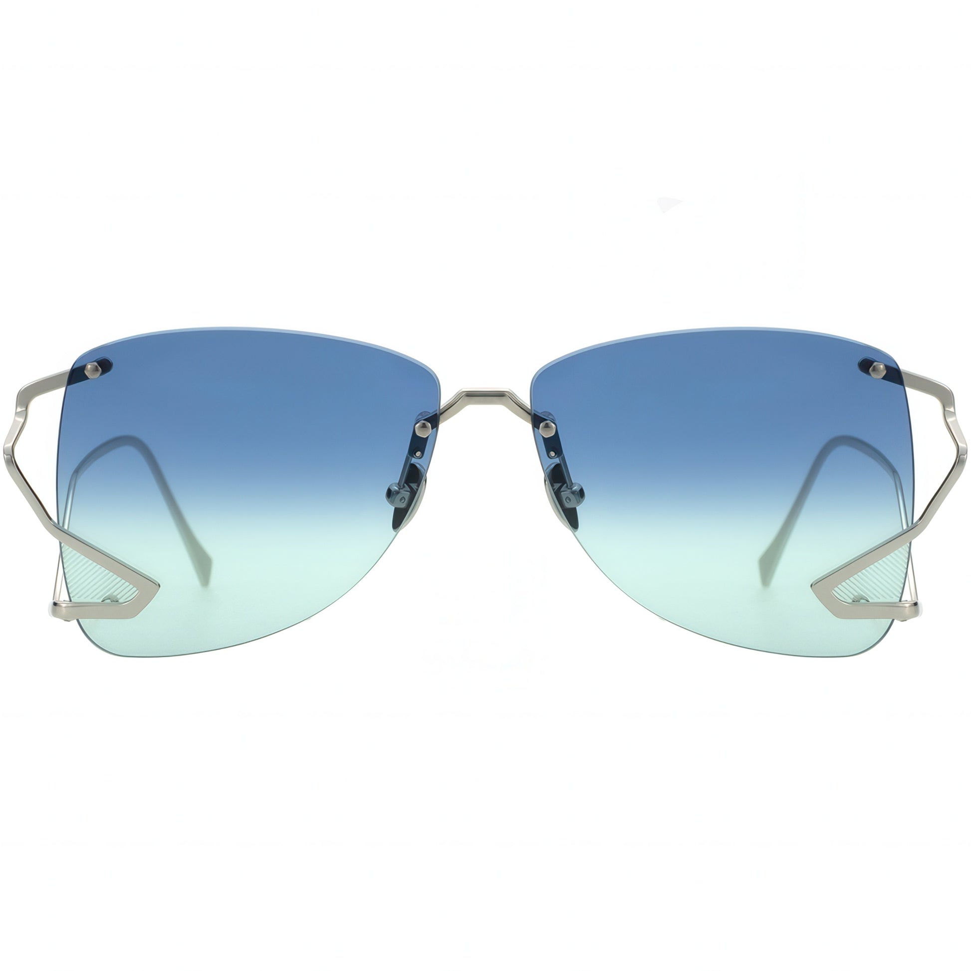 Sunglasses with blue gradient lenses and silver frames on a white background