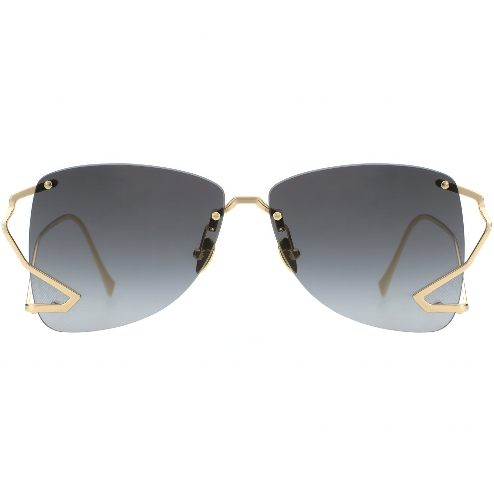 Sunglasses with gold frame and gradient lenses on a white background