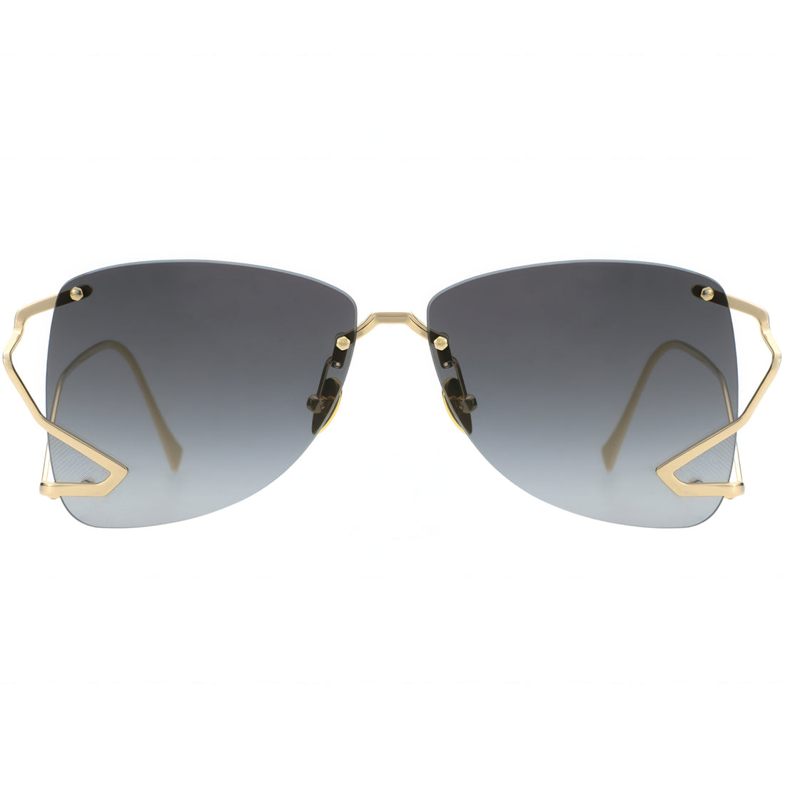 Sunglasses with gold frame and gradient lenses on a white background