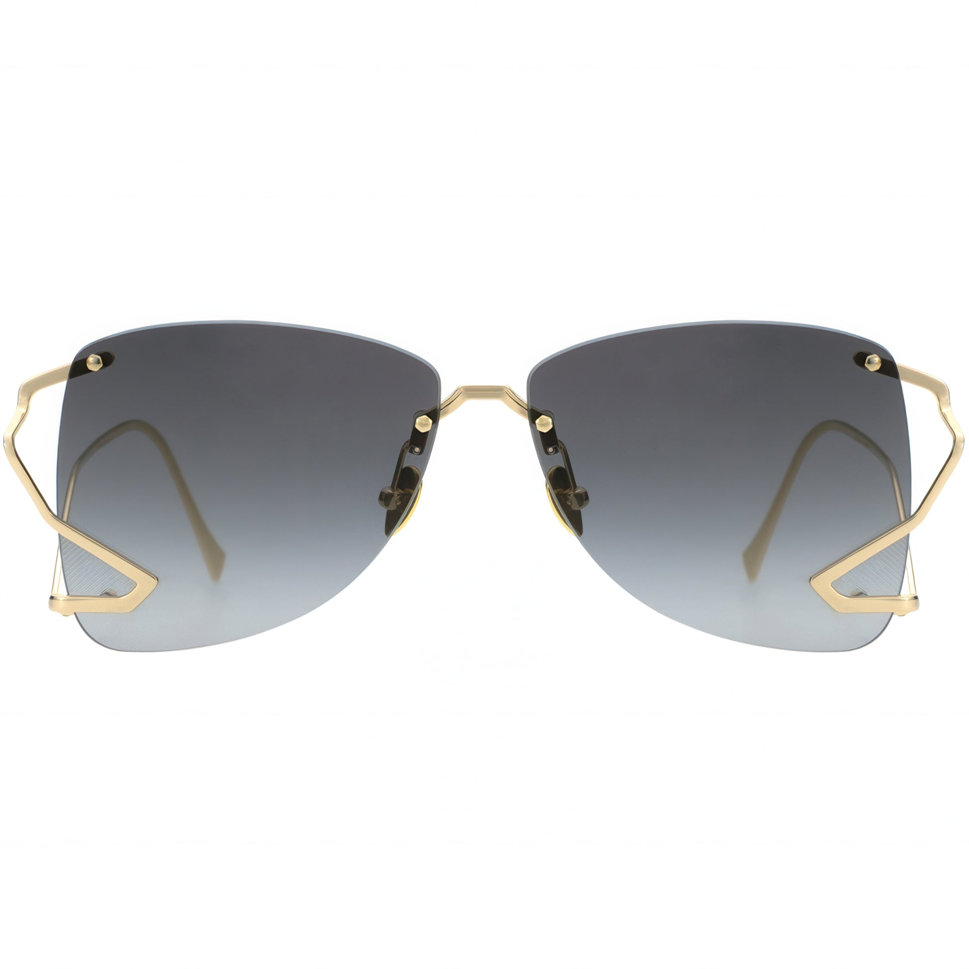 Sunglasses with gold frame and gradient lenses on a white background