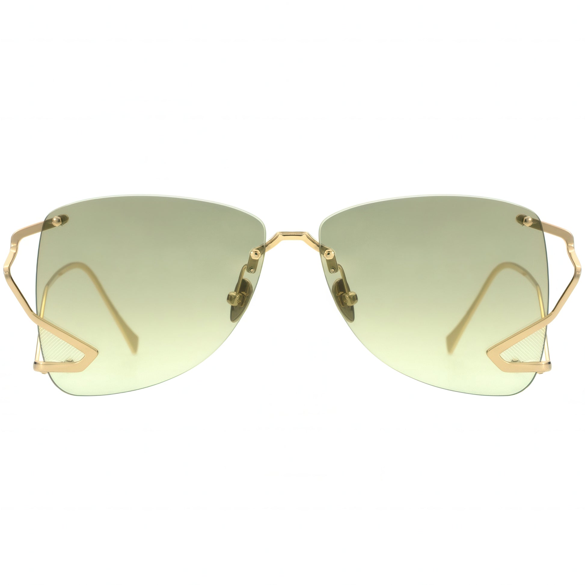 Gold-framed sunglasses with green-tinted lenses on a white background