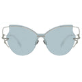 Sunglasses with light blue lenses and thin metal frame on a white background