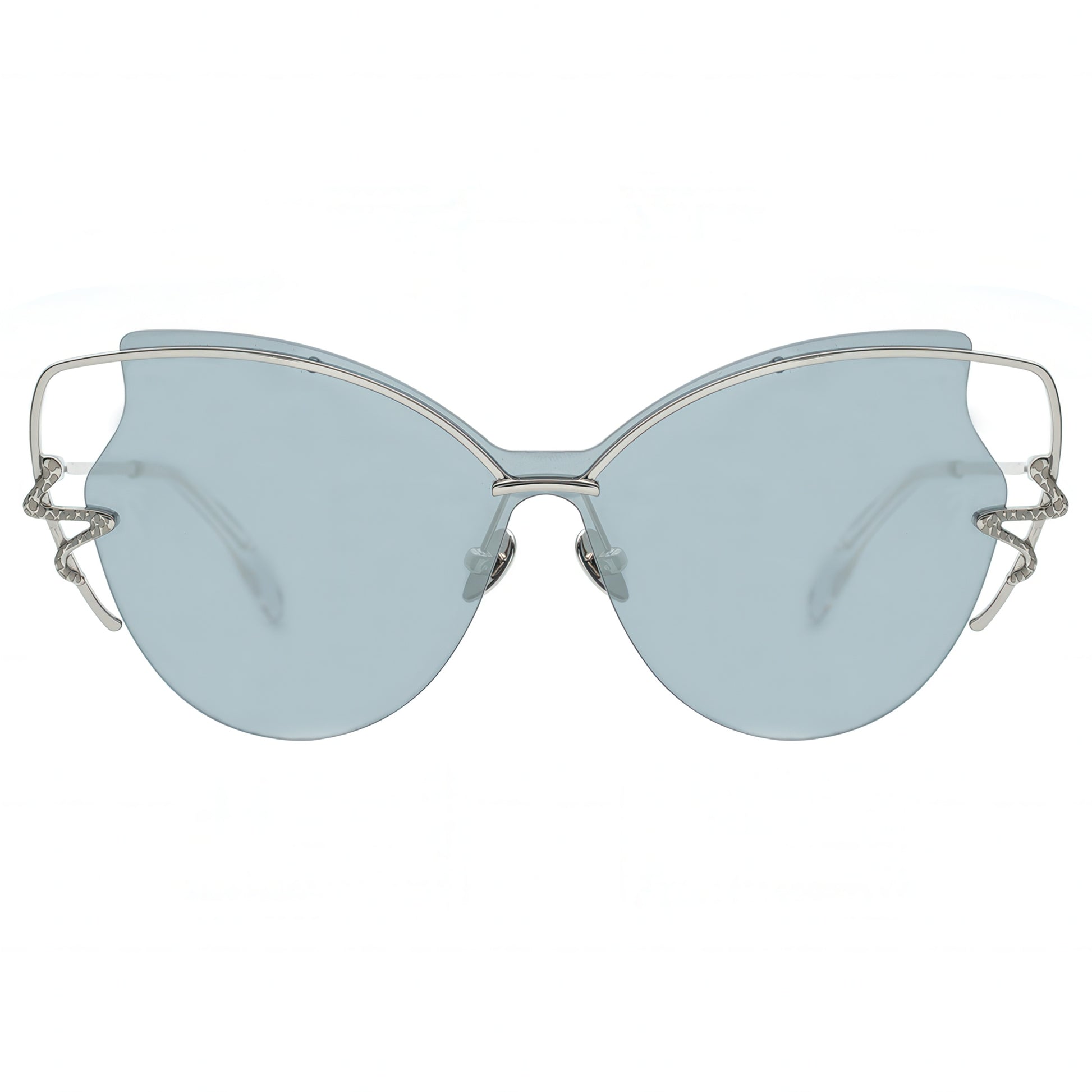 Sunglasses with light blue lenses and thin metal frame on a white background
