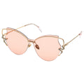 Cat-eye sunglasses with gold frame and pink lenses on a white background