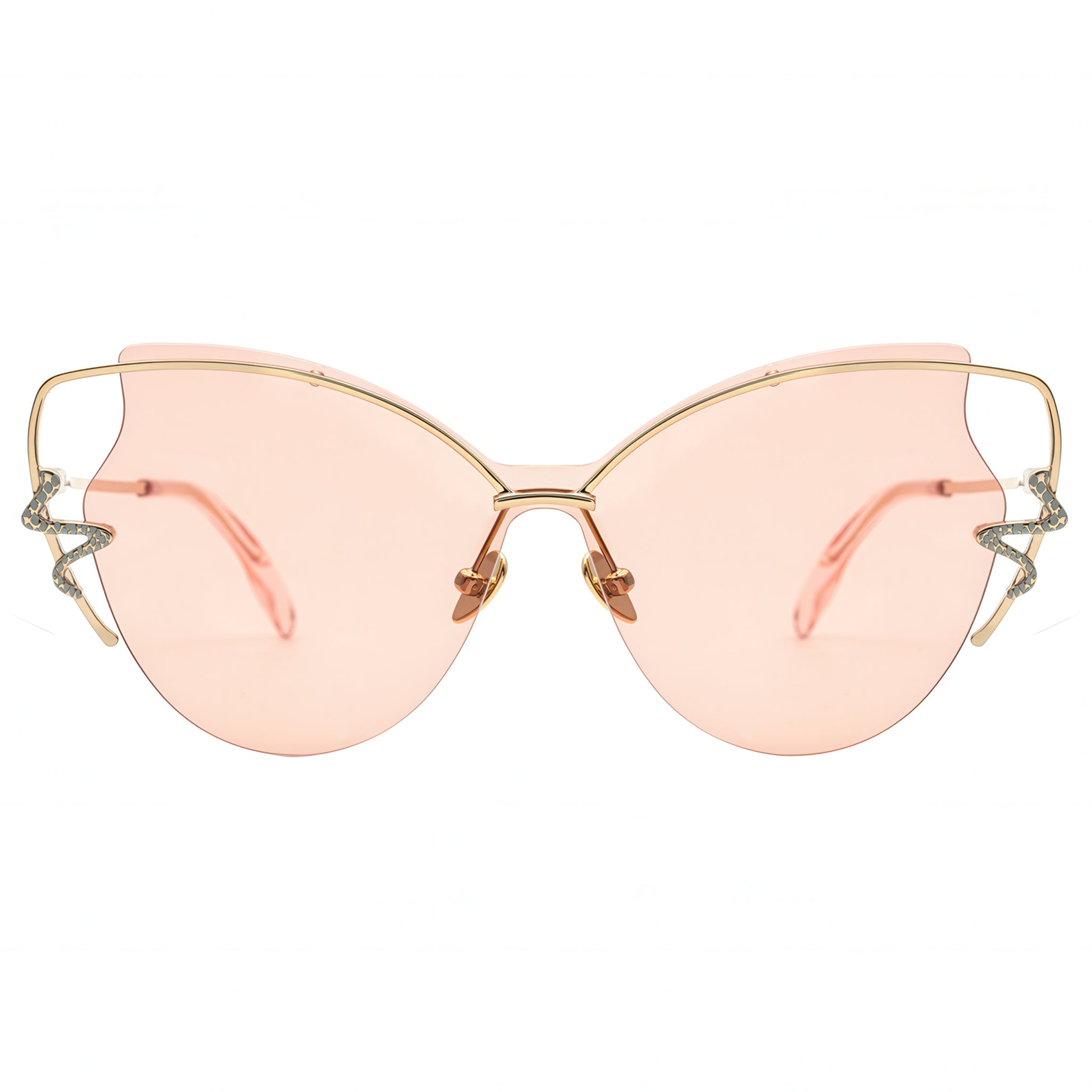 Pink sunglasses with gold frames on a white background