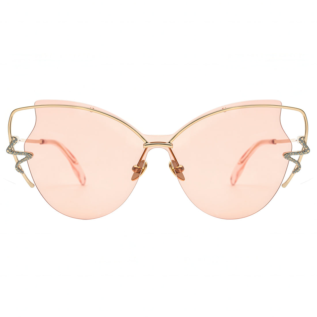 Pink sunglasses with gold frames on a white background