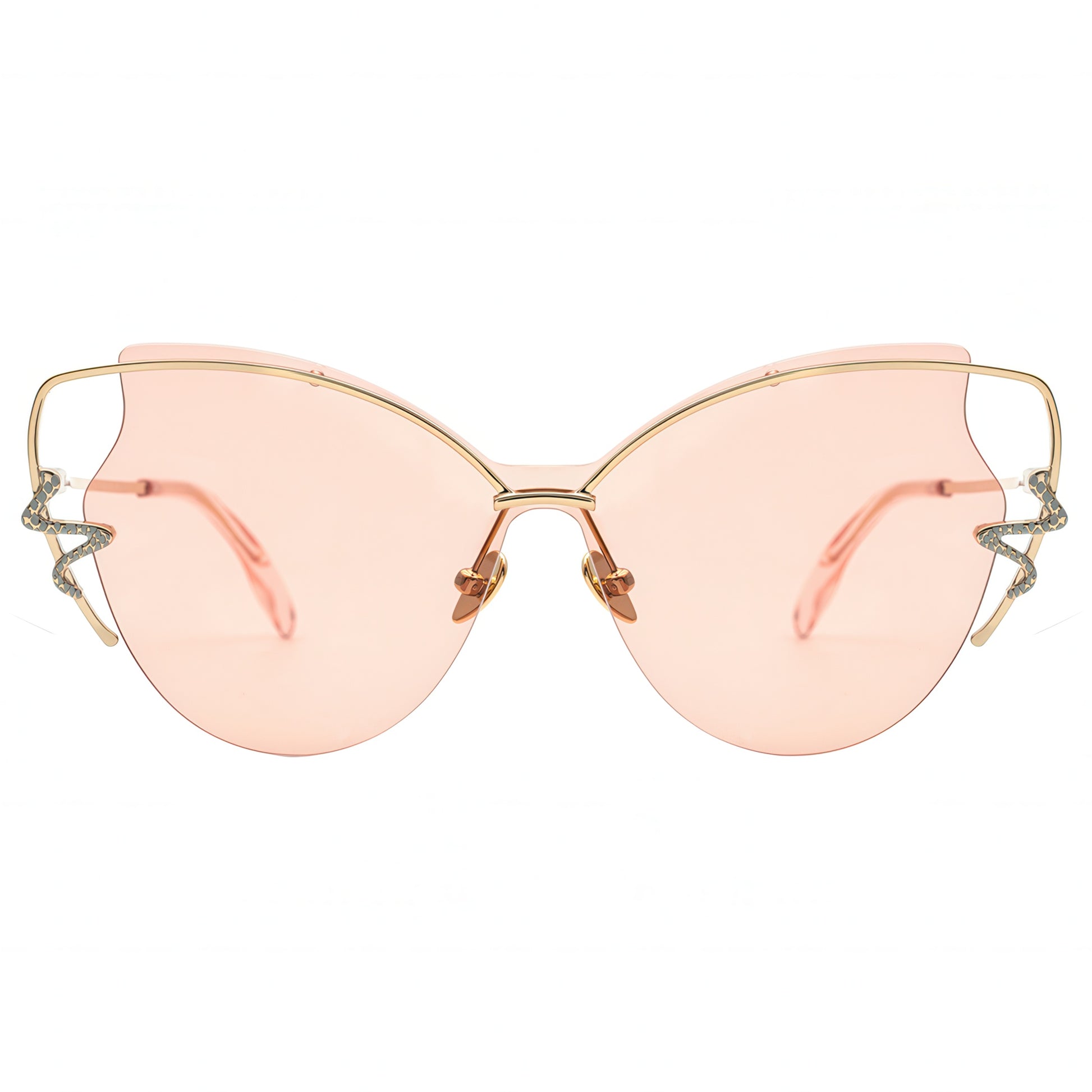 Pink sunglasses with gold frames on a white background