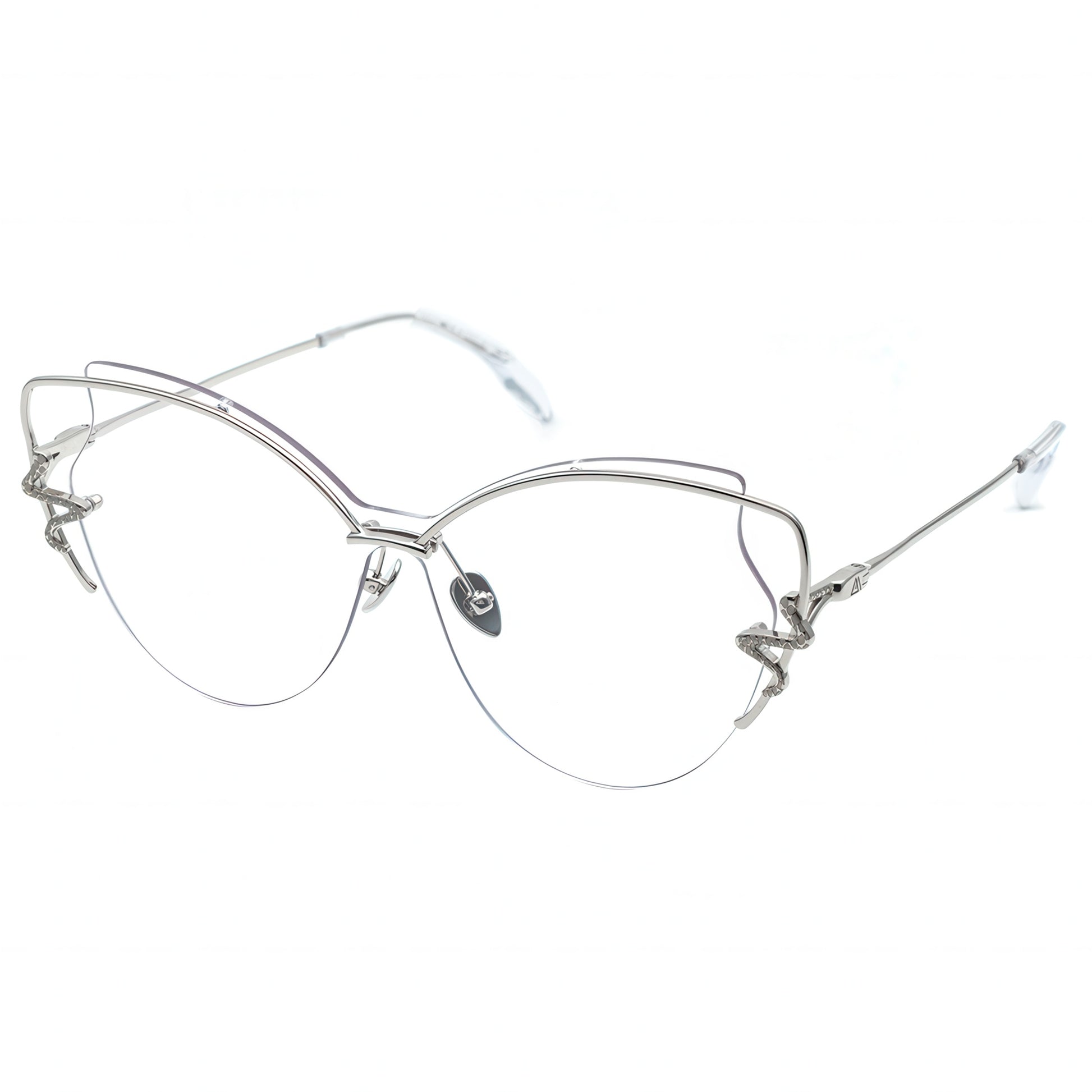 Silver cat-eye glasses on a white background