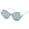 MYTH Greece retro cat eye sunglasses. Womens laides light grey retro 70s butterfly shape sunglasses with snake shape rim decoration. thin  silver metal frame, elegant vibe
