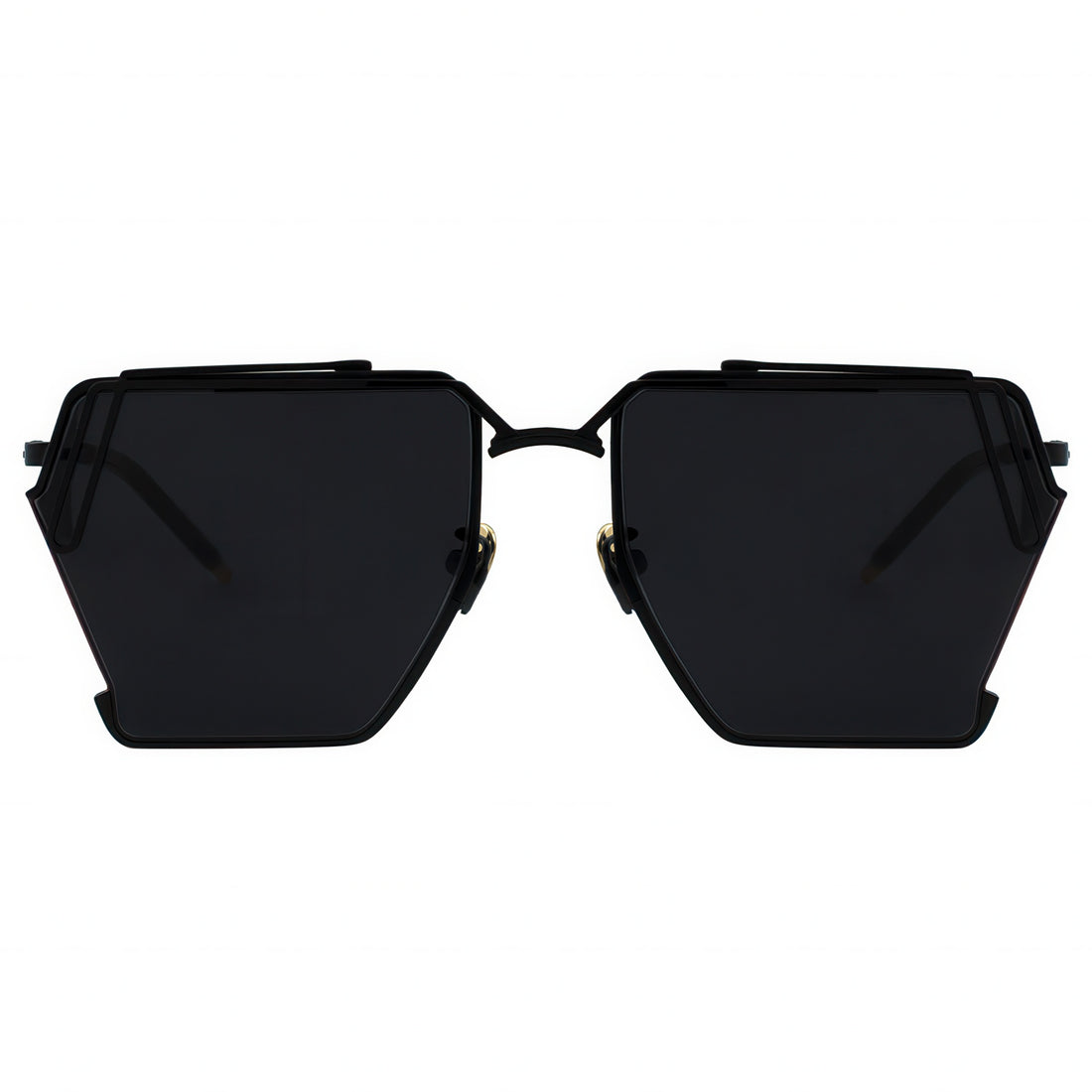Black sunglasses with a geometric frame on a white background