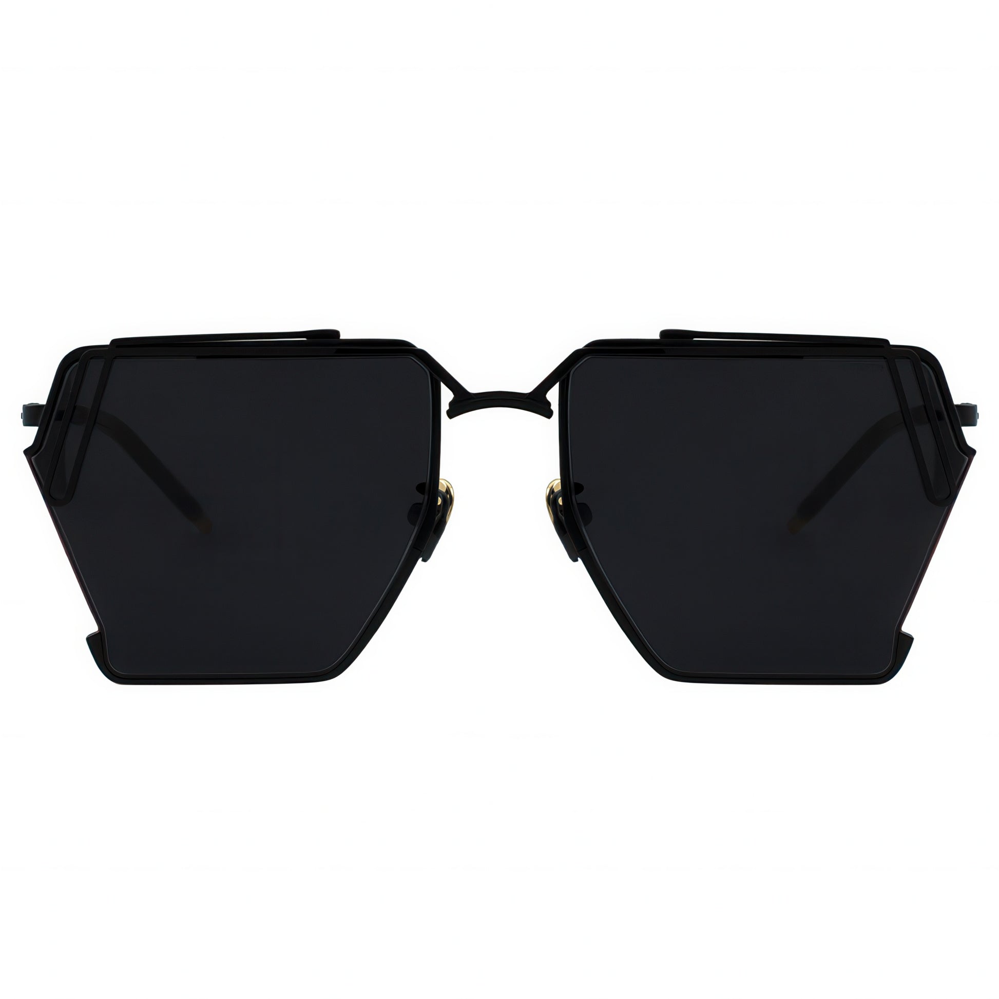 Black sunglasses with a geometric frame on a white background