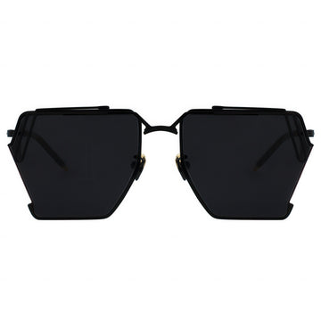 Black sunglasses with a geometric frame on a white background