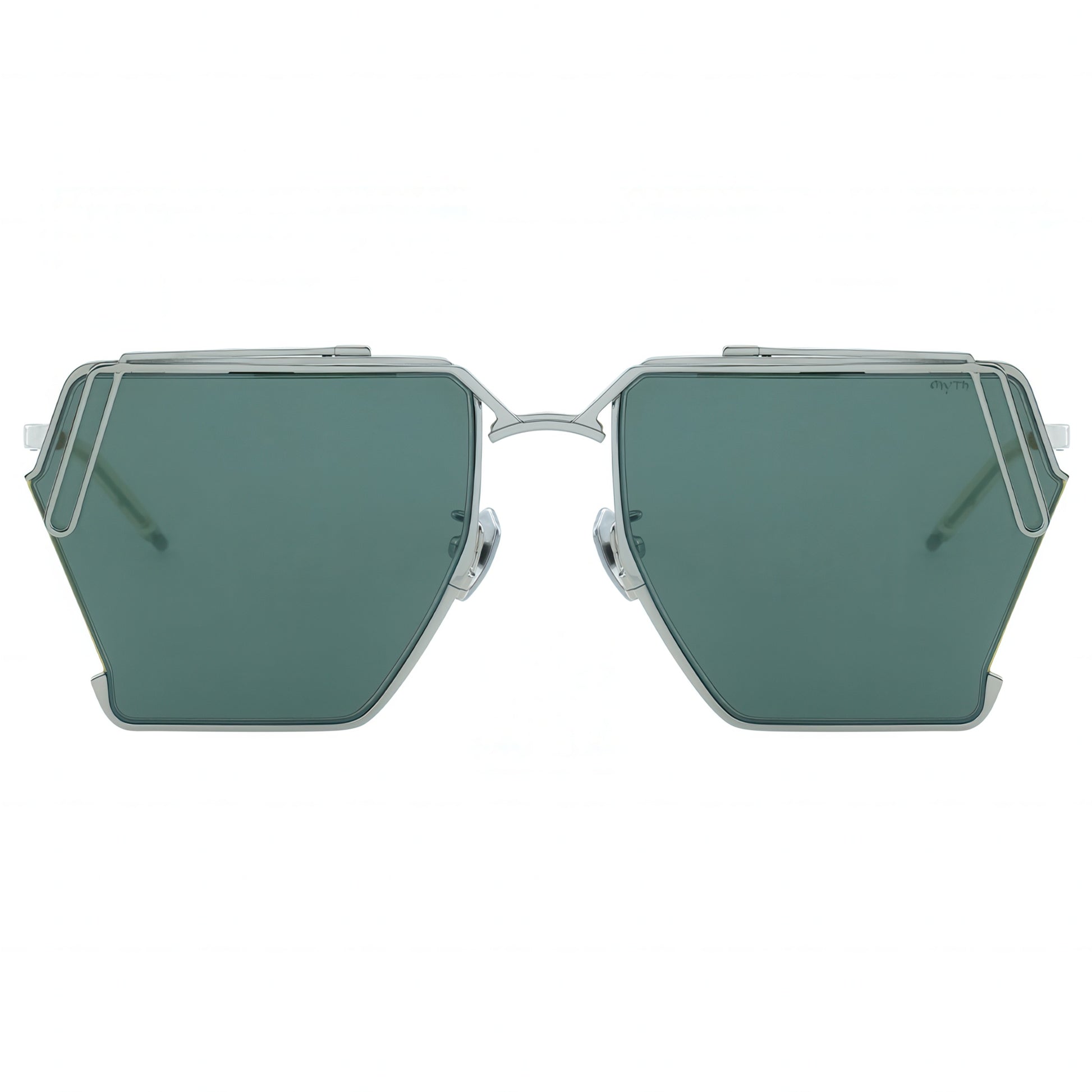 Sunglasses with green lenses and thin metal frame on a white background