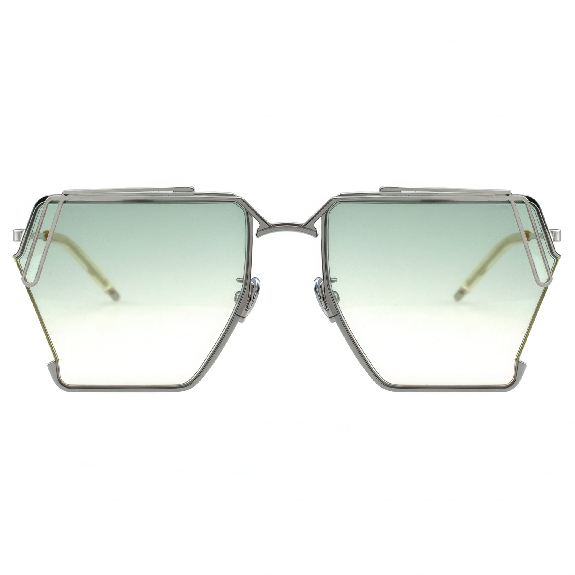 Sunglasses with a gradient green lens on a white background