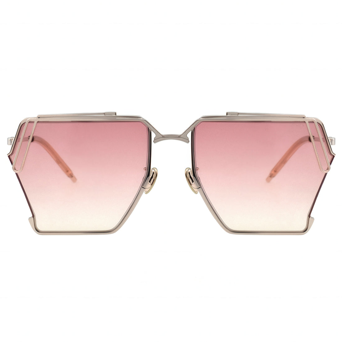 Sunglasses with pink gradient lenses and gold frame on a white background