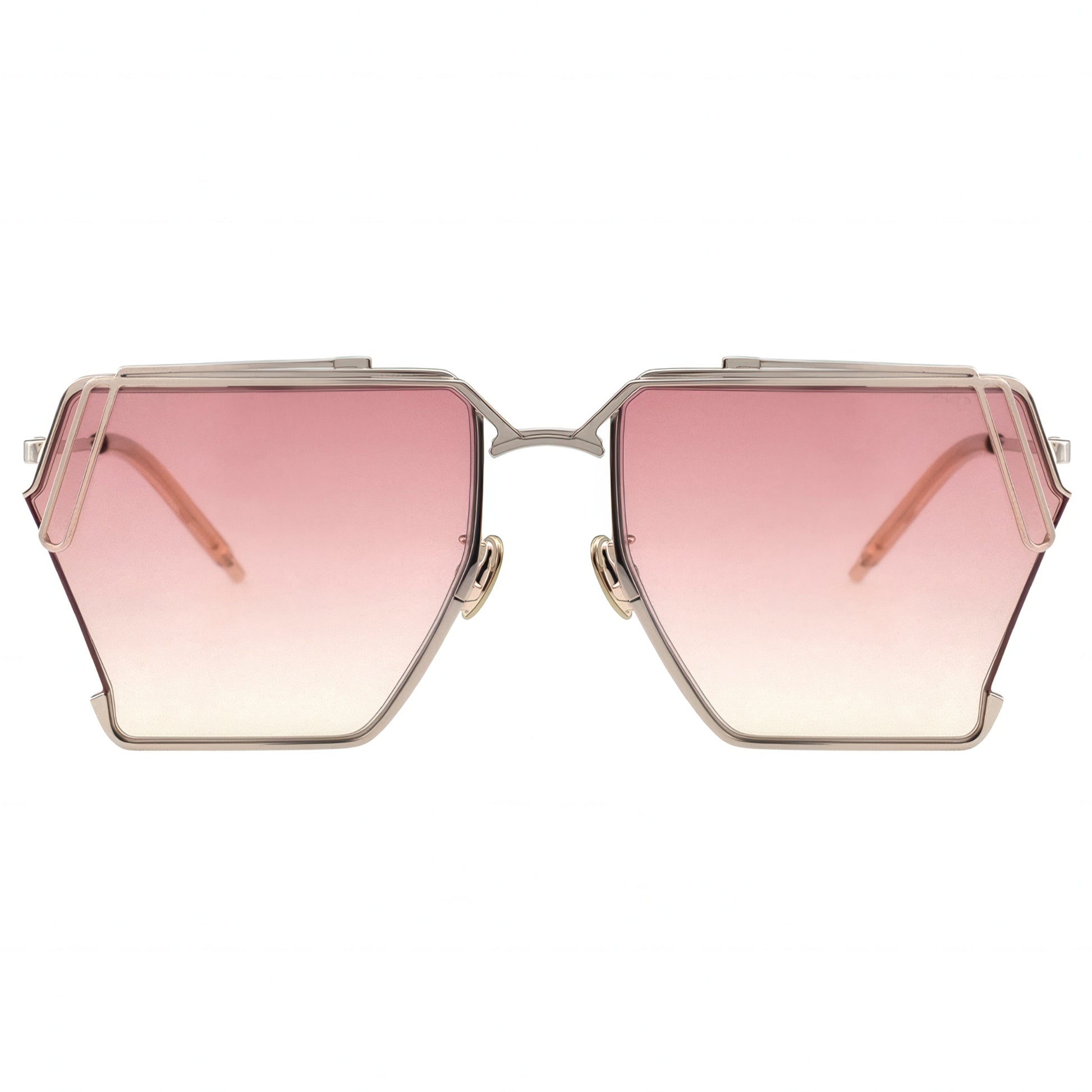 Sunglasses with pink gradient lenses and gold frame on a white background