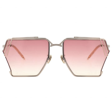 Sunglasses with pink gradient lenses and gold frame on a white background