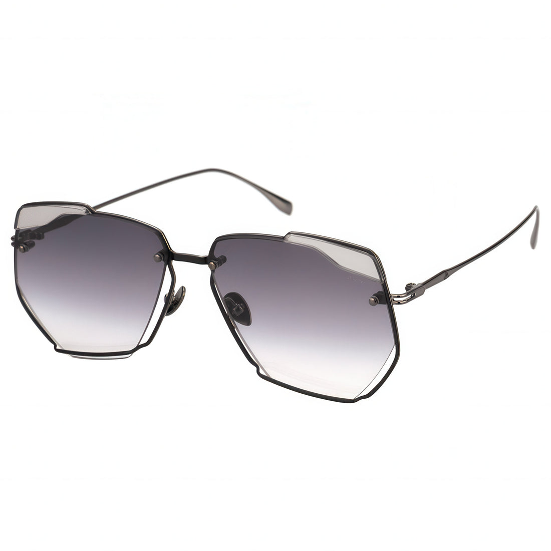 Sunglasses with a black frame and gradient lenses on a white background