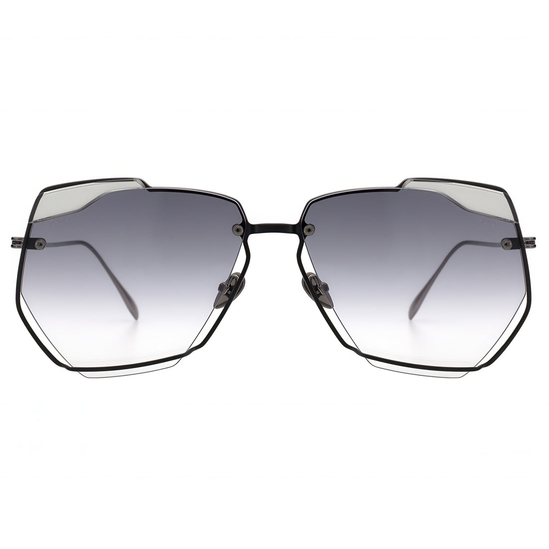 Sunglasses with a black frame and gradient lenses on a white background