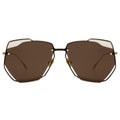 Geometric sunglasses with brown lens and gold accents on a white background