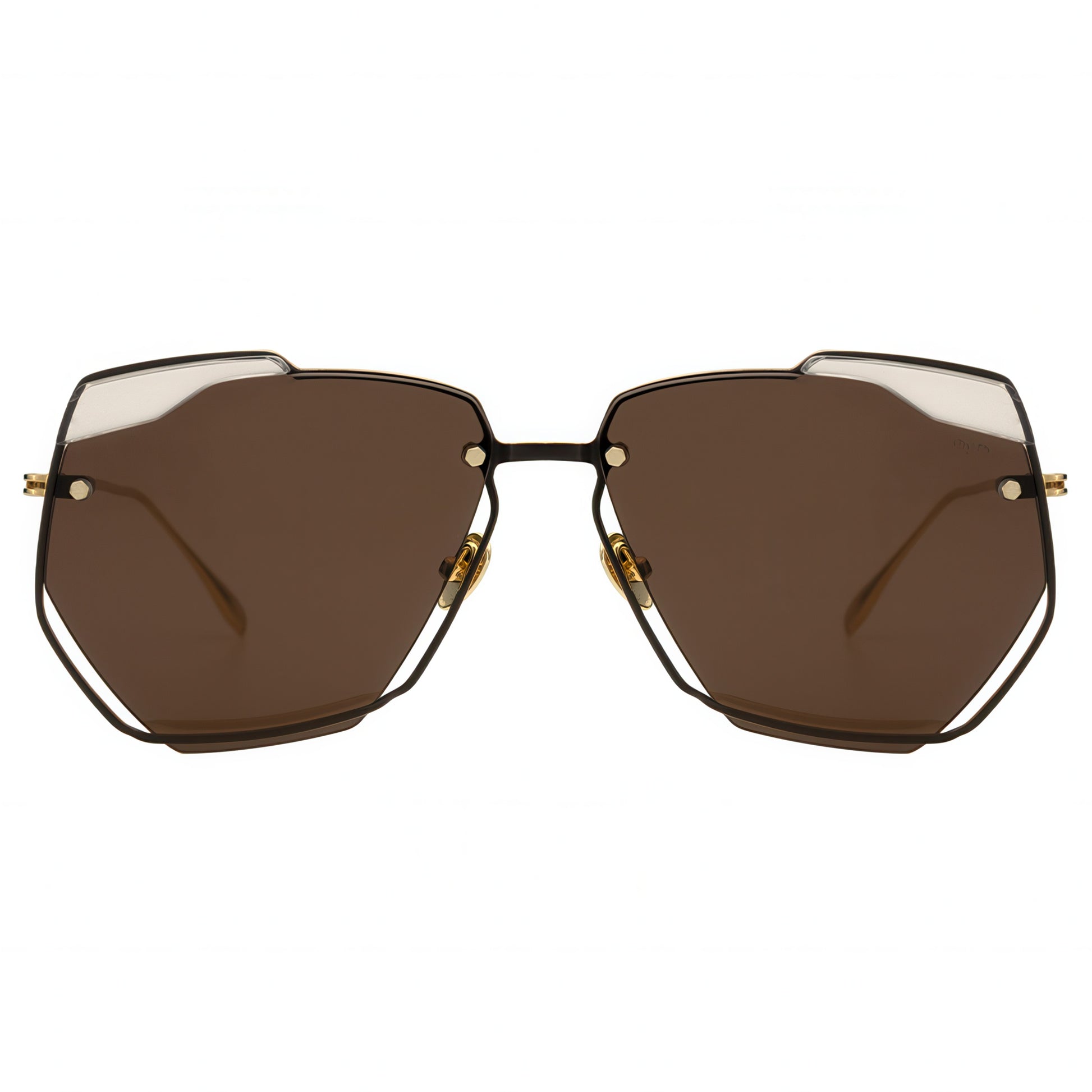 Geometric sunglasses with brown lens and gold accents on a white background