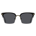 Black sunglasses with gold accents on a white background