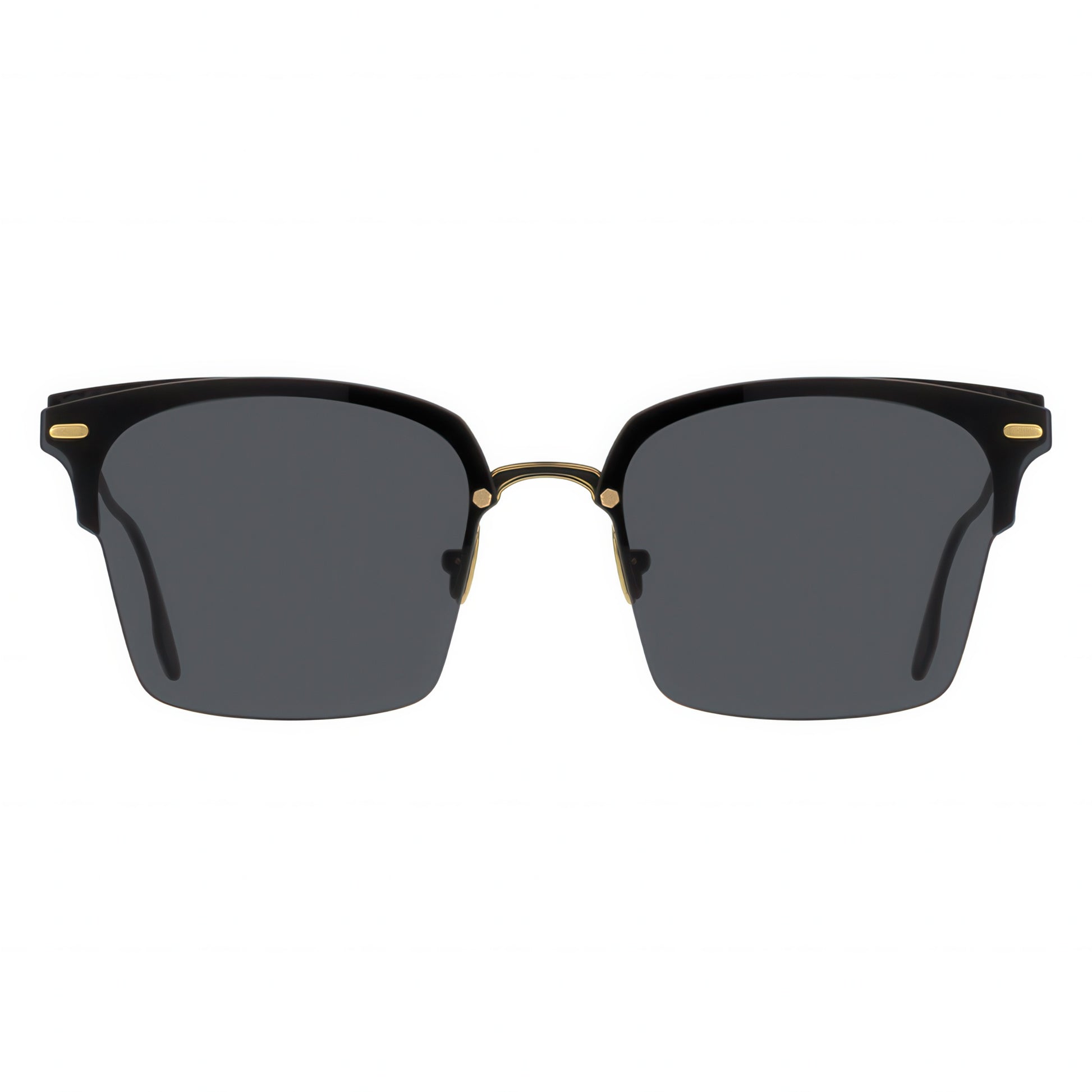 Black sunglasses with gold accents on a white background