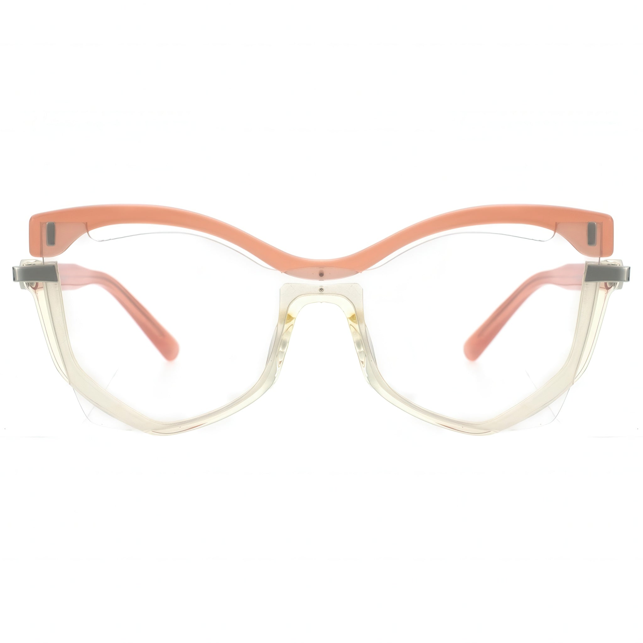 Cat-eye glasses with a peach-colored frame on a white background
