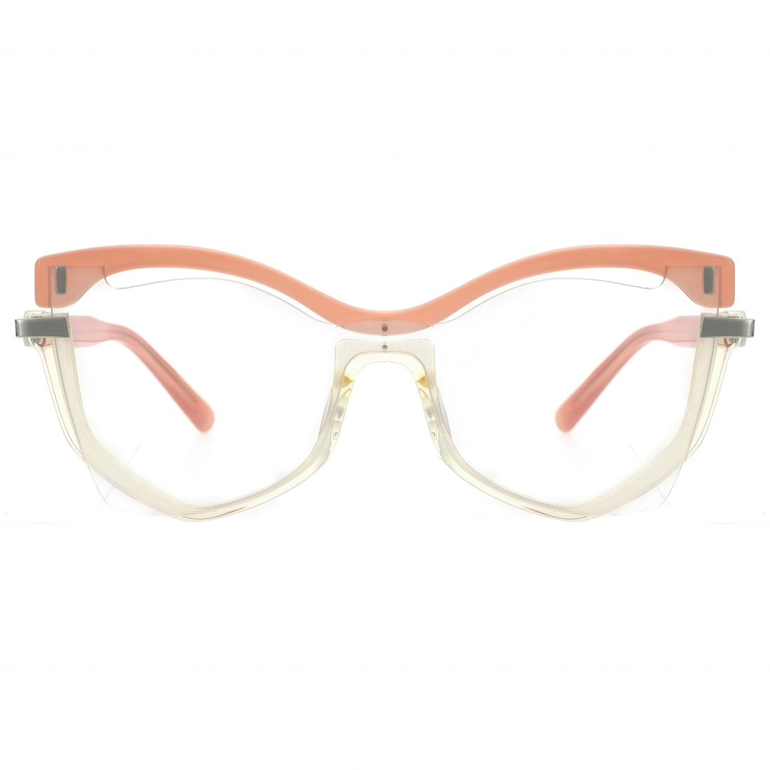 Cat-eye glasses with a peach-colored frame on a white background