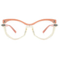 Cat-eye glasses with a peach-colored frame on a white background
