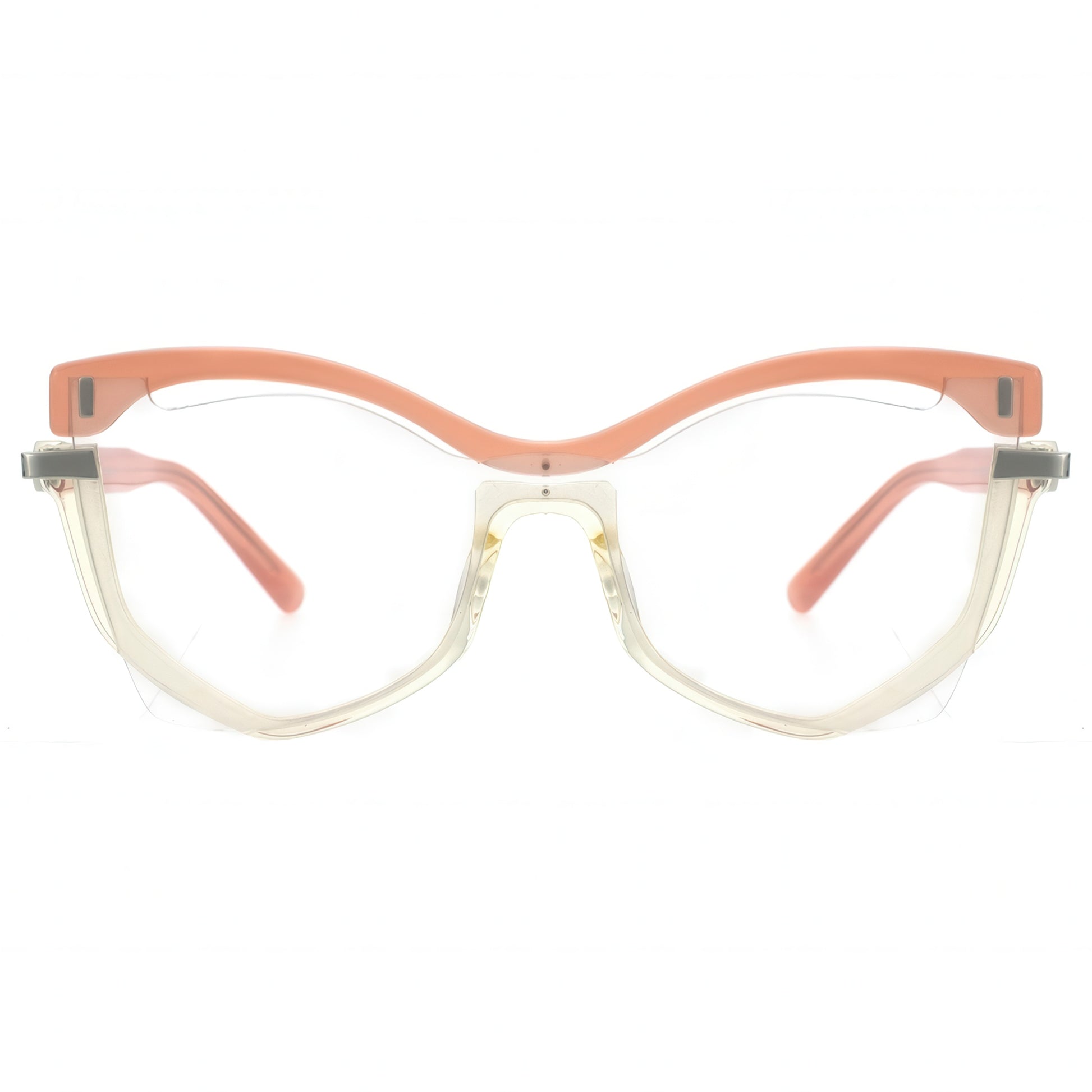 Cat-eye glasses with a peach-colored frame on a white background