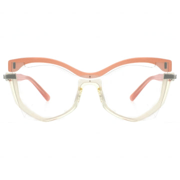 Cat-eye glasses with a peach-colored frame on a white background