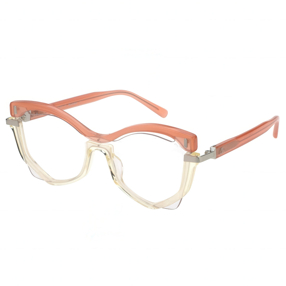 Cat-eye glasses with a peach-colored frame on a white background