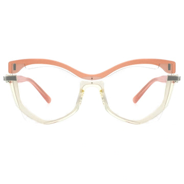 A pair of trendy two-tone geometric sunglasses with a orange frame and transparent lenses.