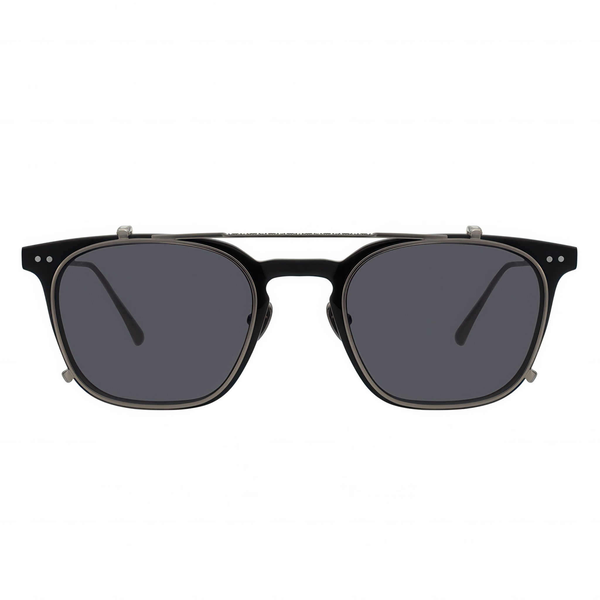 Black sunglasses with dark lenses on a white background