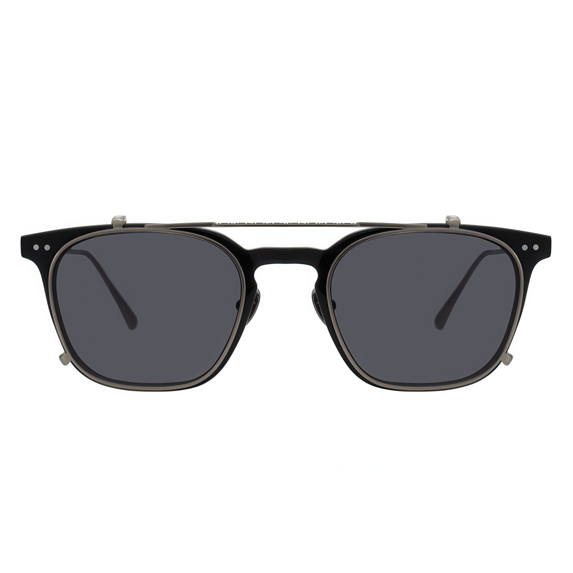 Black sunglasses with dark lenses on a white background