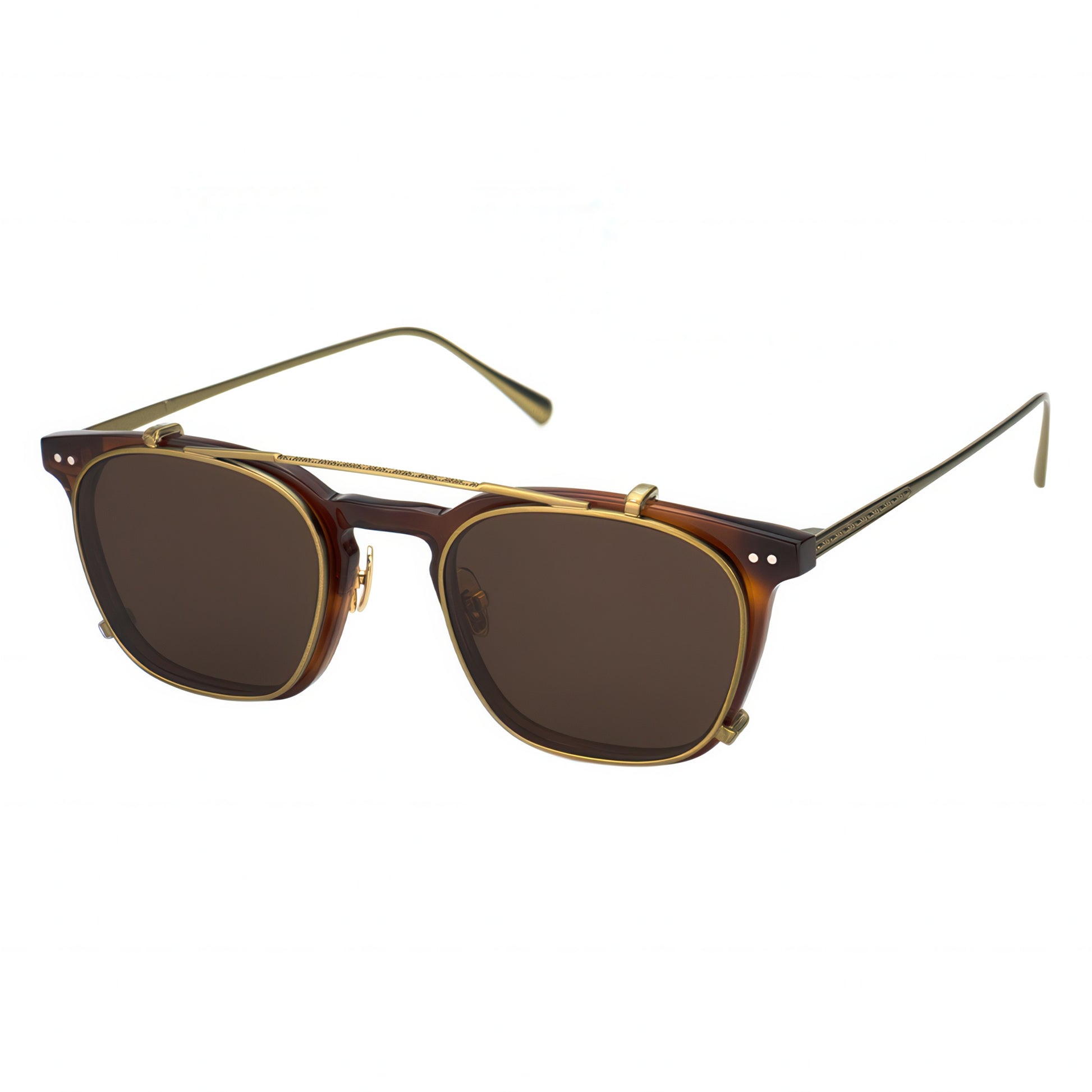 Sunglasses with brown lenses and gold frame on a white background