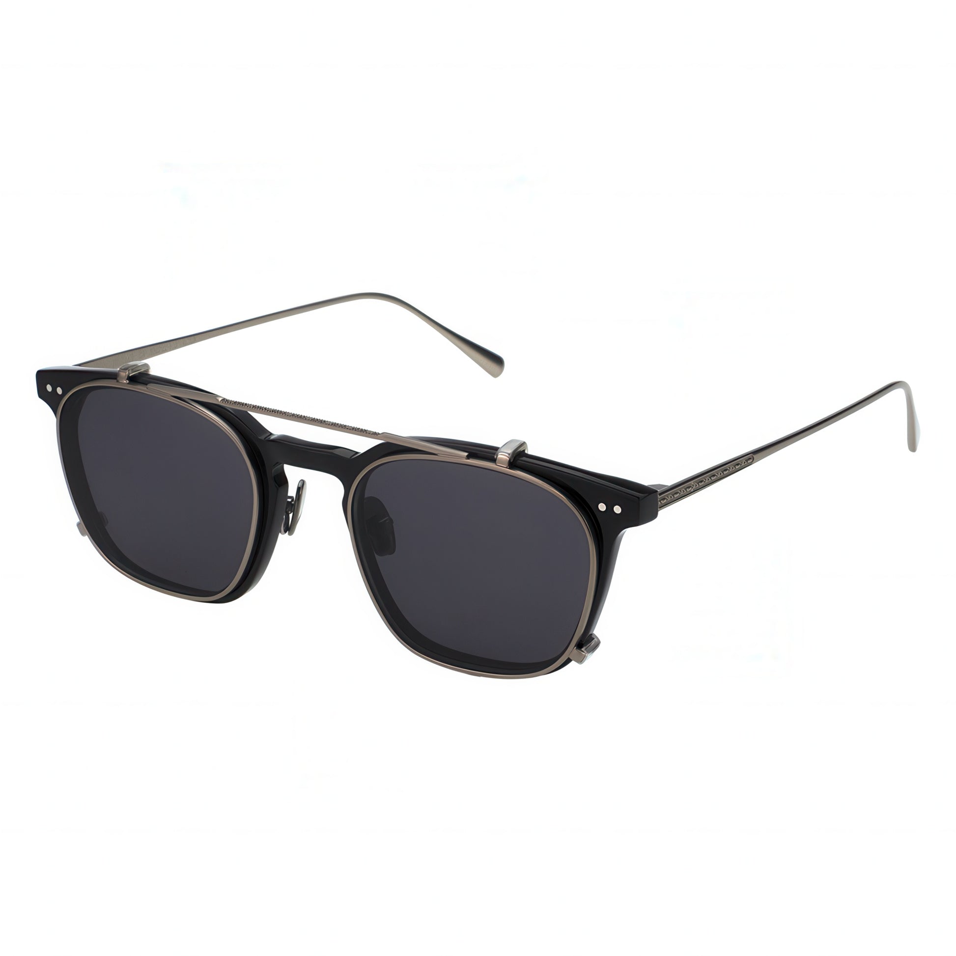 Black sunglasses with thin metal frame on a white background