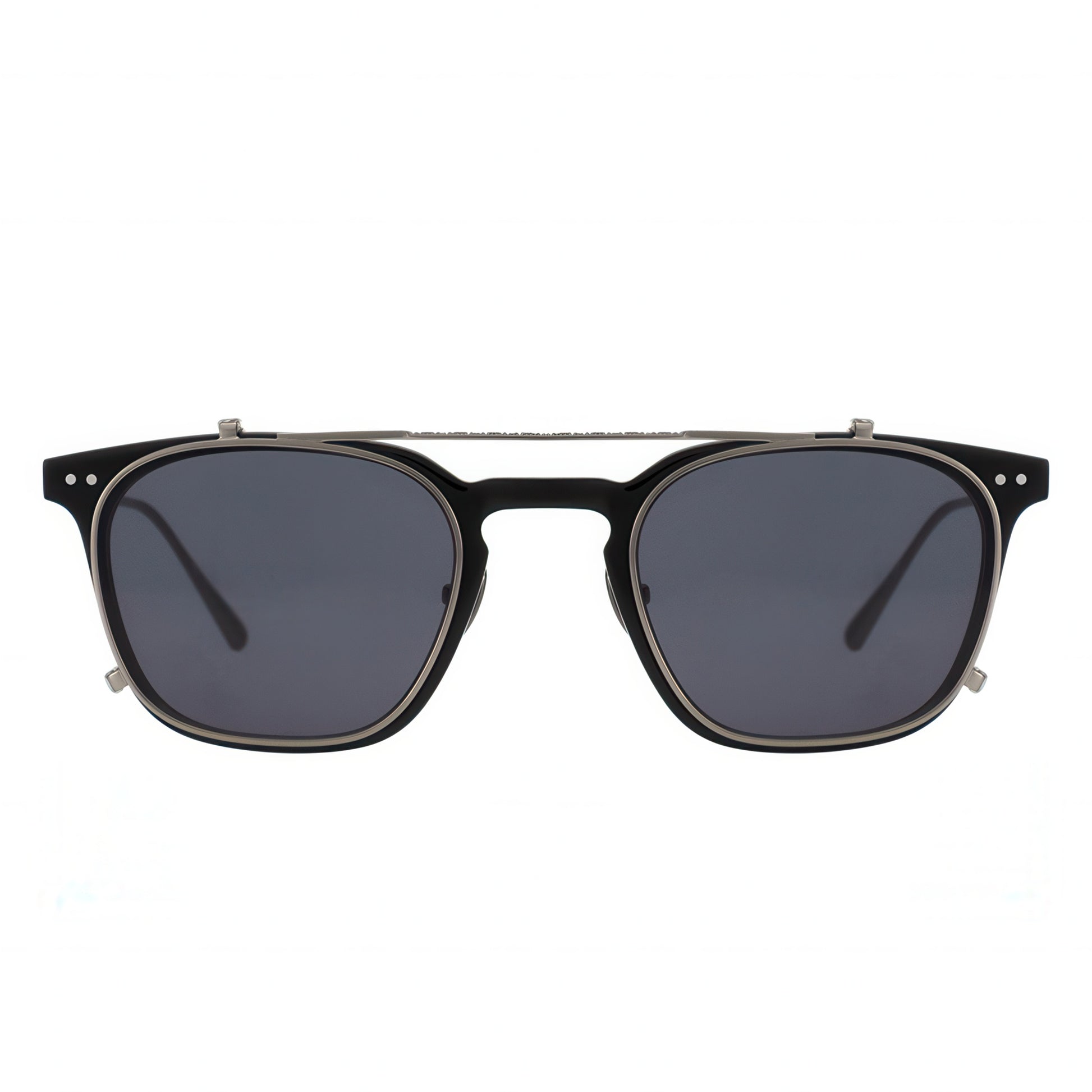 Black sunglasses with dark lenses on a white background