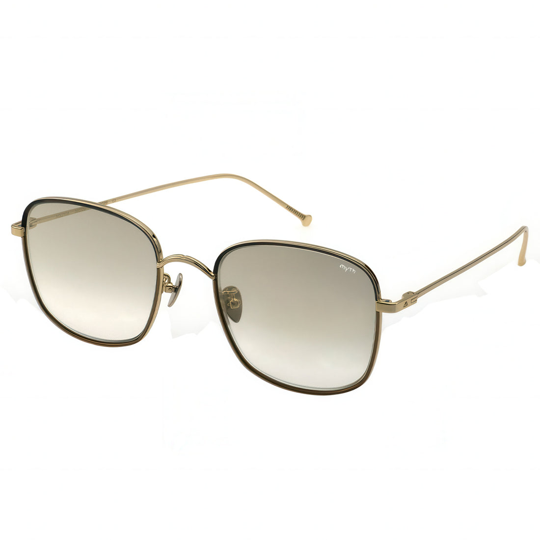 Square sunglasses with gold frame and gradient lenses on a white background