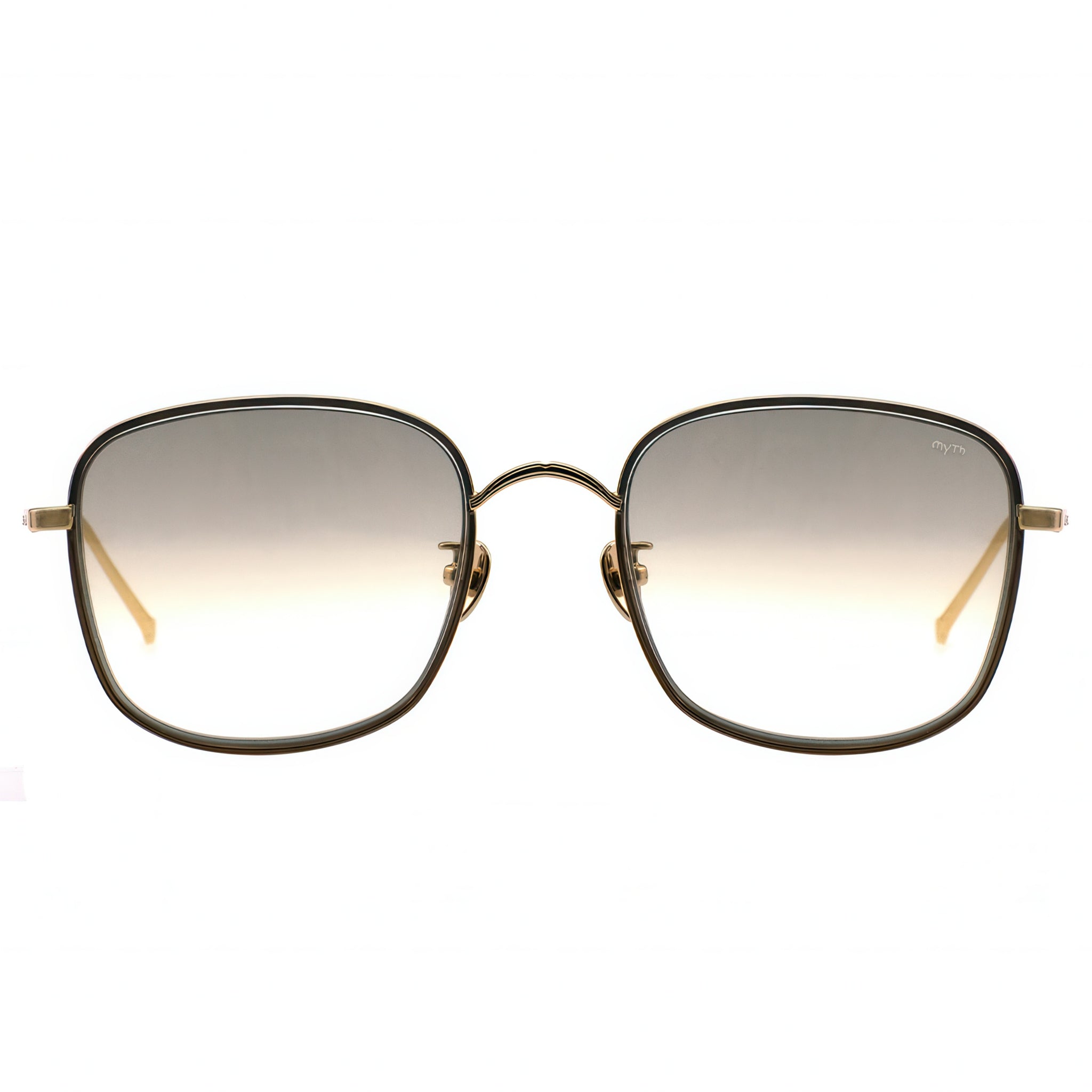 Square sunglasses with gold frame and gradient lenses on a white background