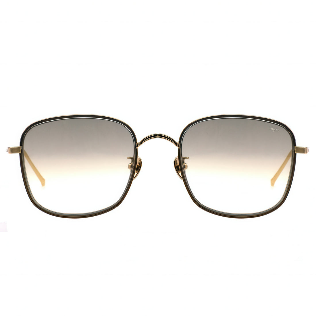 Square sunglasses with gold frame and gradient lenses on a white background