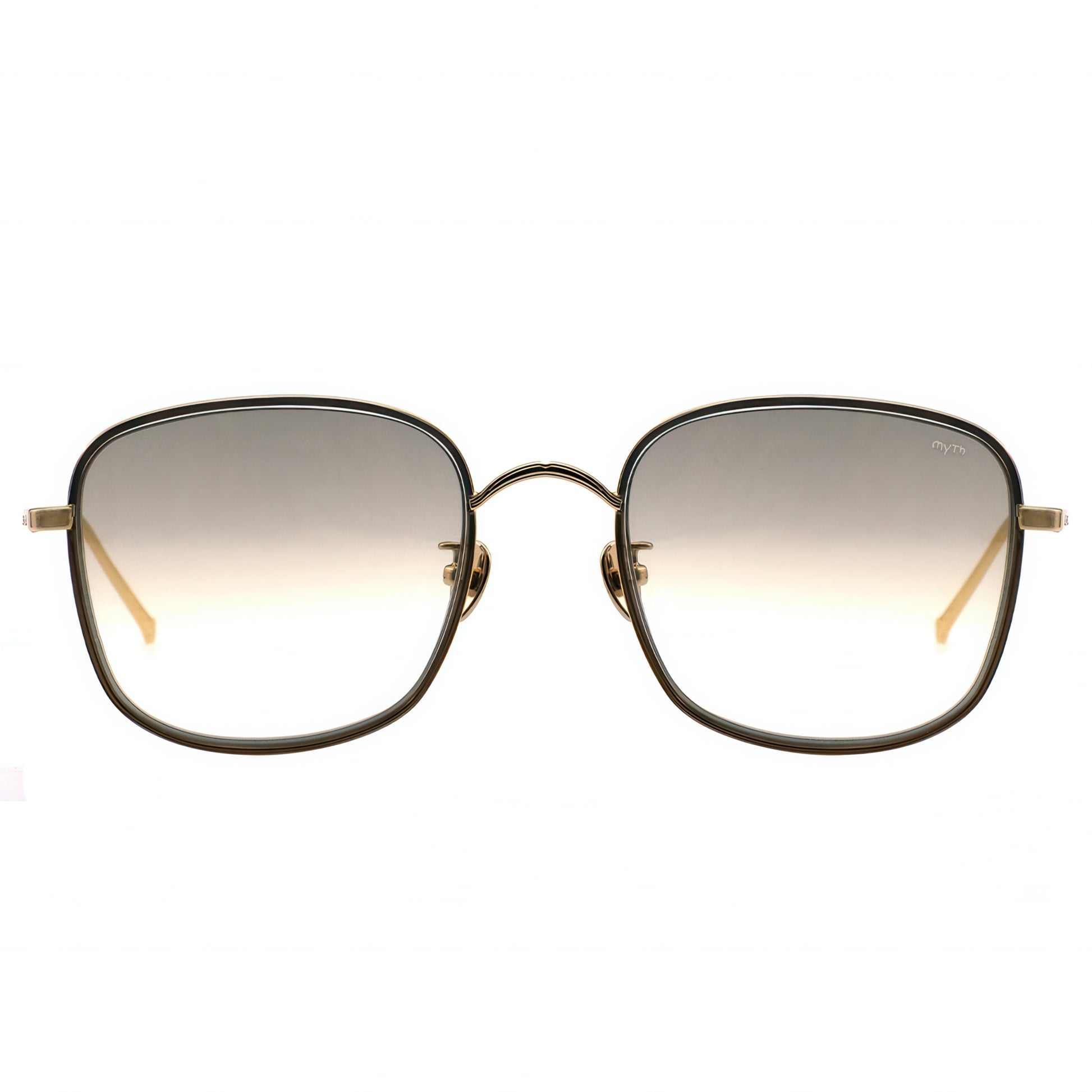 Square sunglasses with gold frame and gradient lenses on a white background
