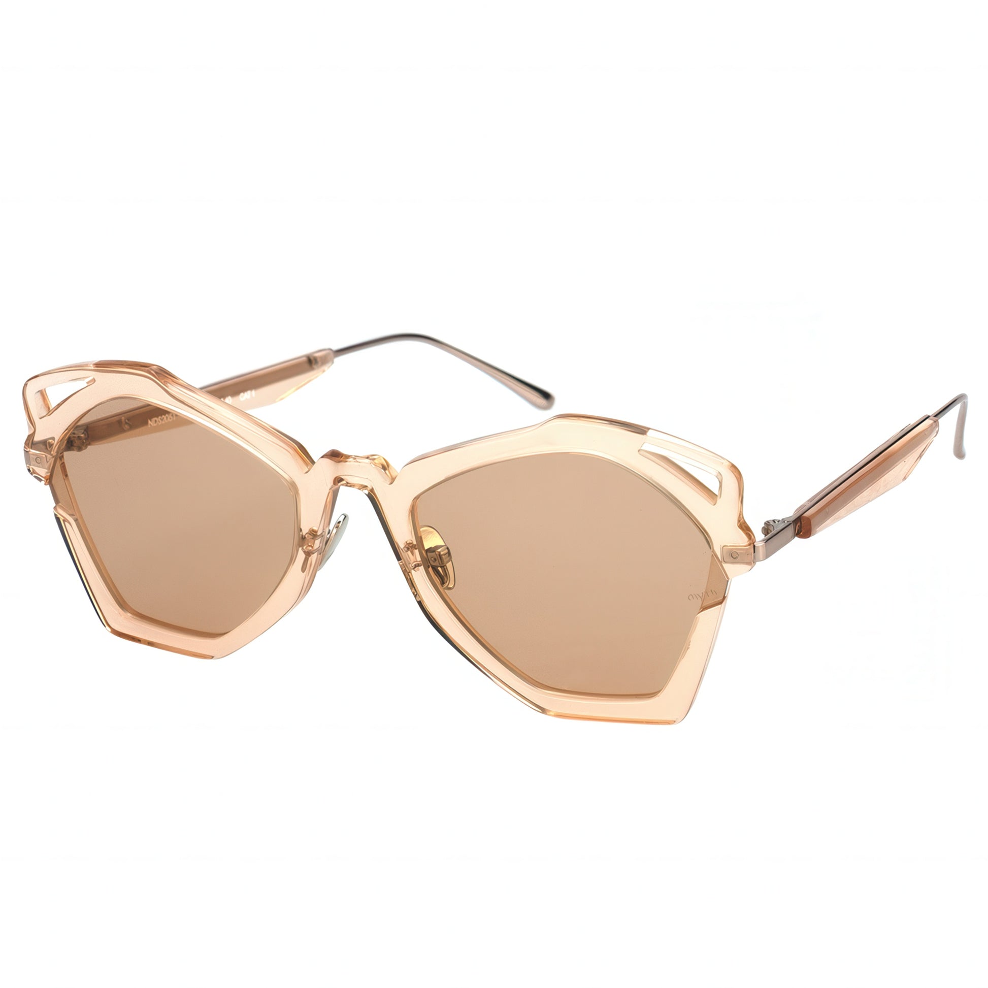 Sunglasses with rose gold frame and brown lenses on a white background