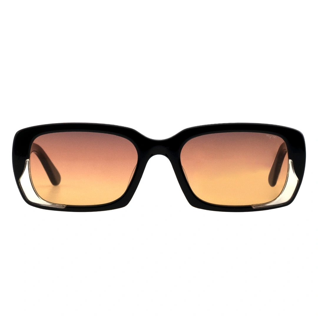 Black rectangle sunglasses with orange-tinted lenses, black frame sunglasses with orange lens