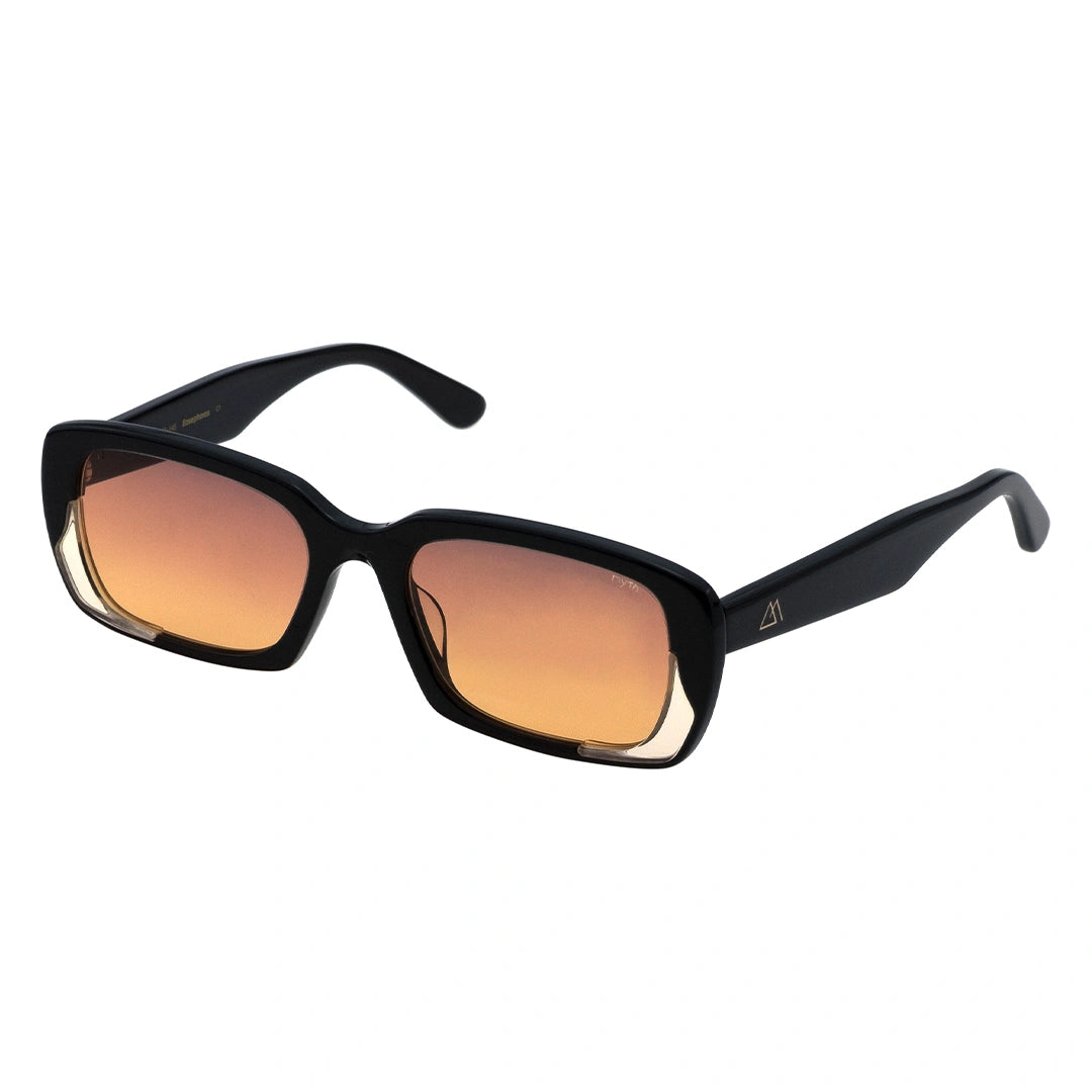 Black rectangle sunglasses with orange-tinted lenses, black frame sunglasses with orange lens